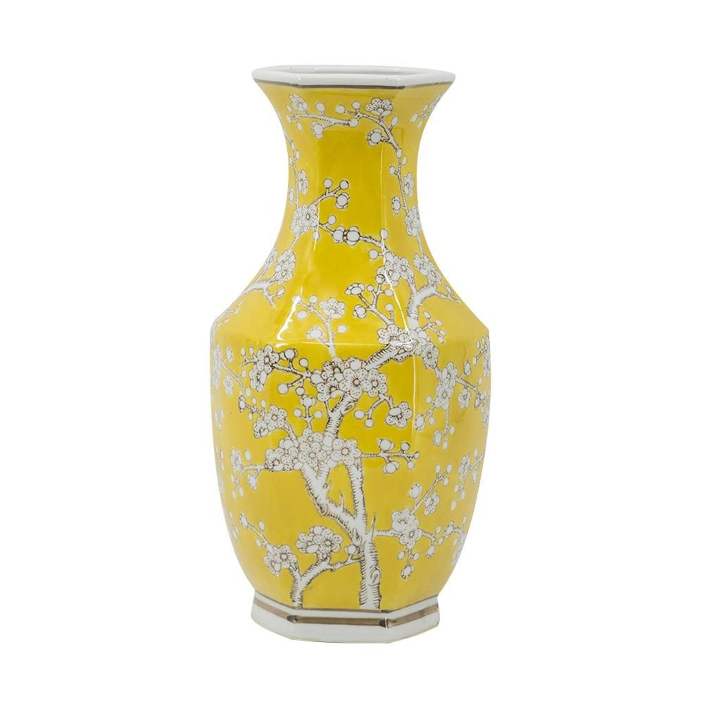 14" Yellow and White Porcelain Floral Round Table Vase
