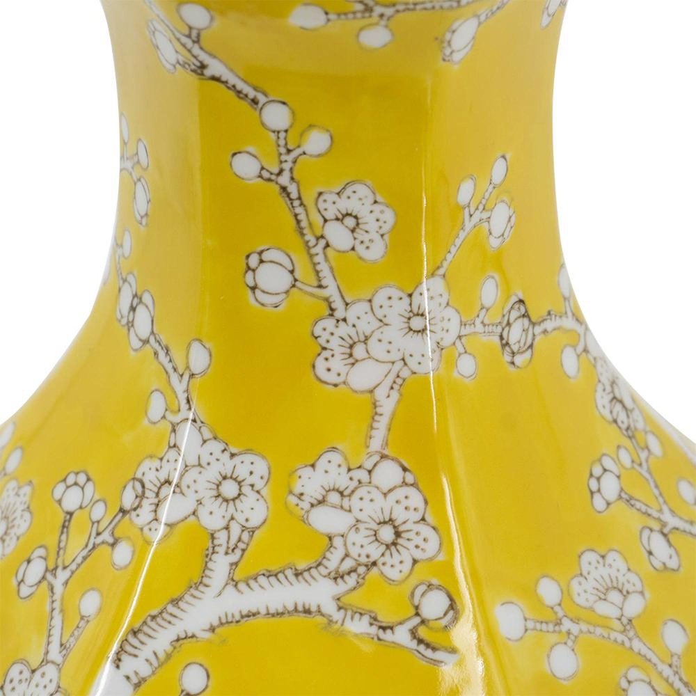 14" Yellow and White Porcelain Floral Round Table Vase