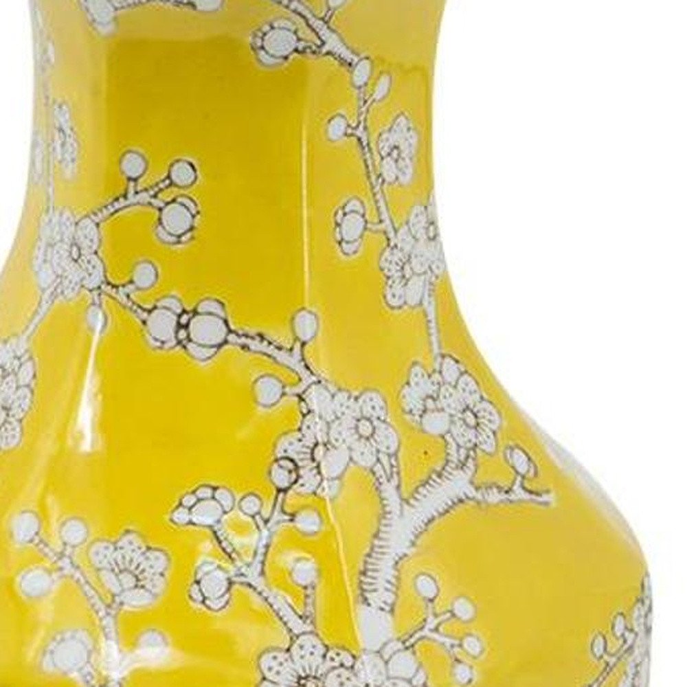 14" Yellow and White Porcelain Floral Round Table Vase