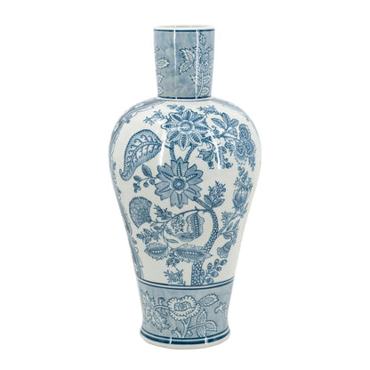 17" Light Blue And White Floral Round Porcelain Table Vase