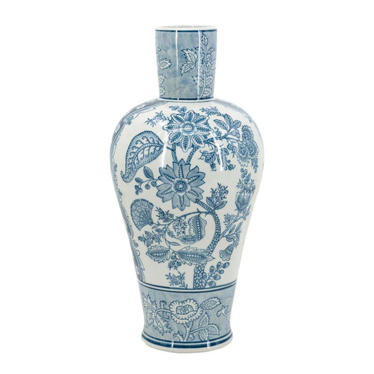 17" Light Blue And White Floral Round Porcelain Table Vase