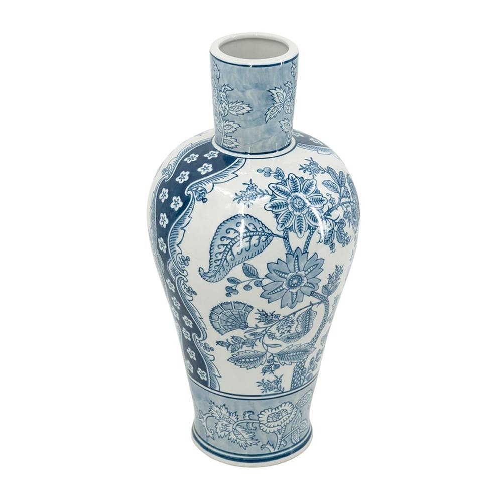 17" Light Blue And White Floral Round Porcelain Table Vase