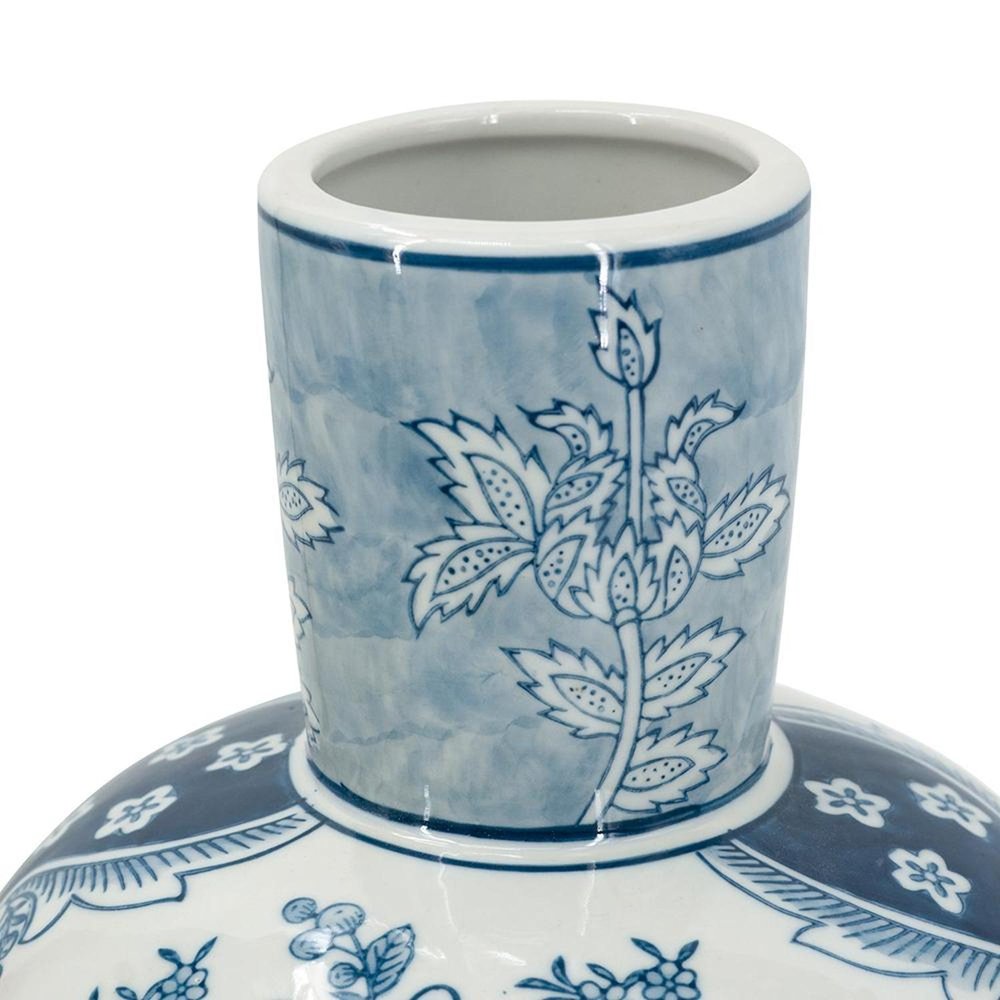 17" Light Blue And White Floral Round Porcelain Table Vase