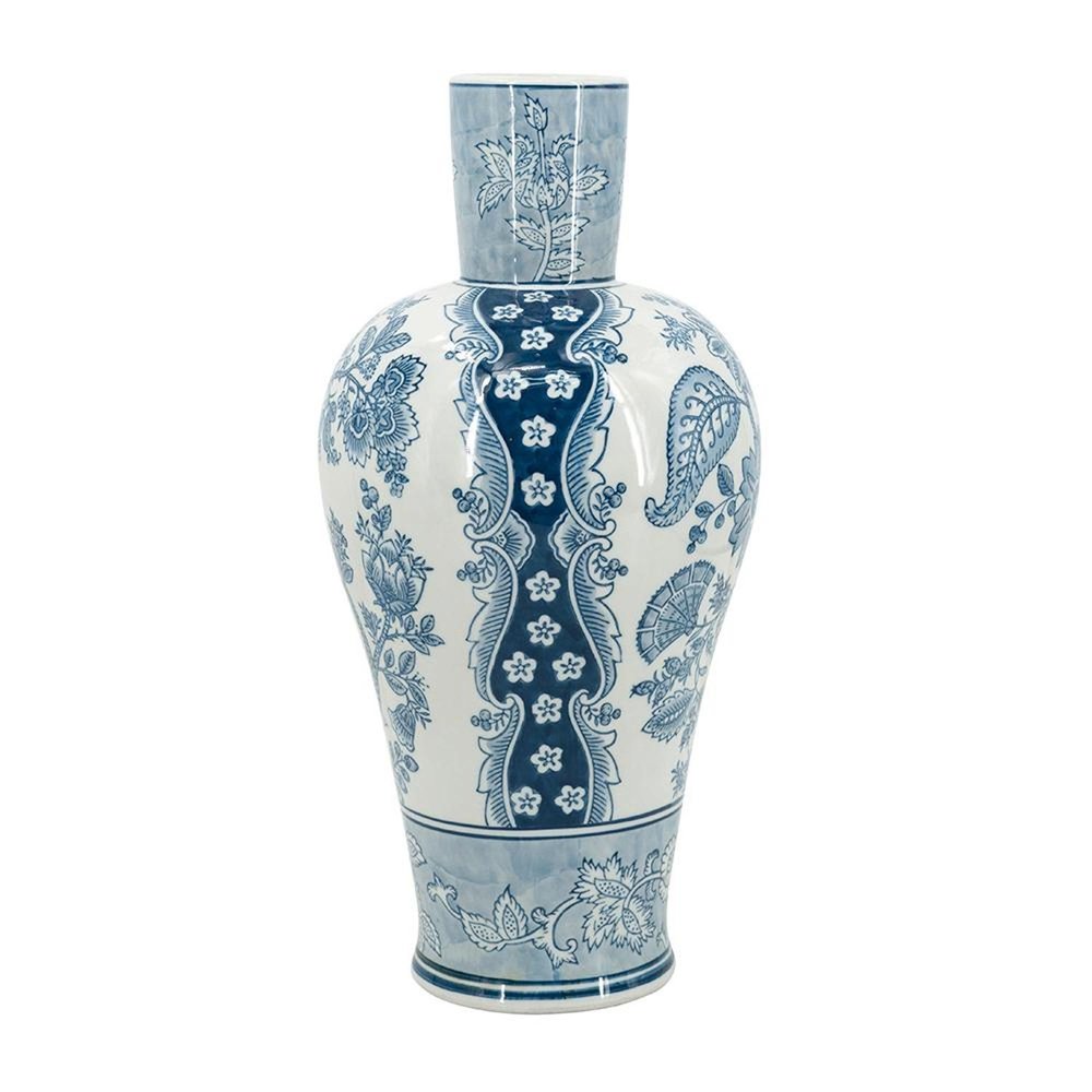 17" Light Blue And White Floral Round Porcelain Table Vase