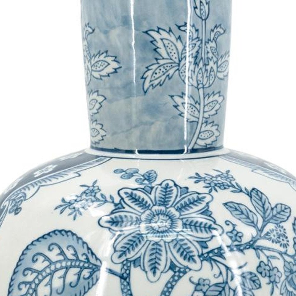 17" Light Blue And White Floral Round Porcelain Table Vase
