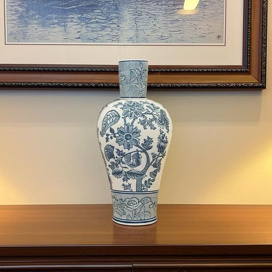 17" Light Blue And White Floral Round Porcelain Table Vase