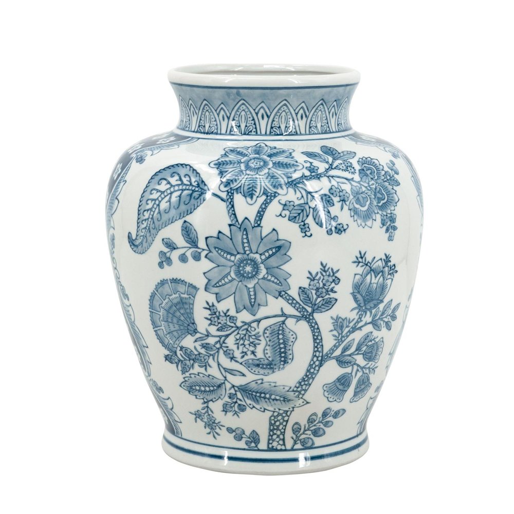 11" Light Blue And White Floral Round Porcelain Jar