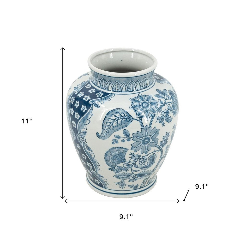 11" Light Blue And White Floral Round Porcelain Jar