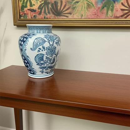 11" Light Blue And White Floral Round Porcelain Jar