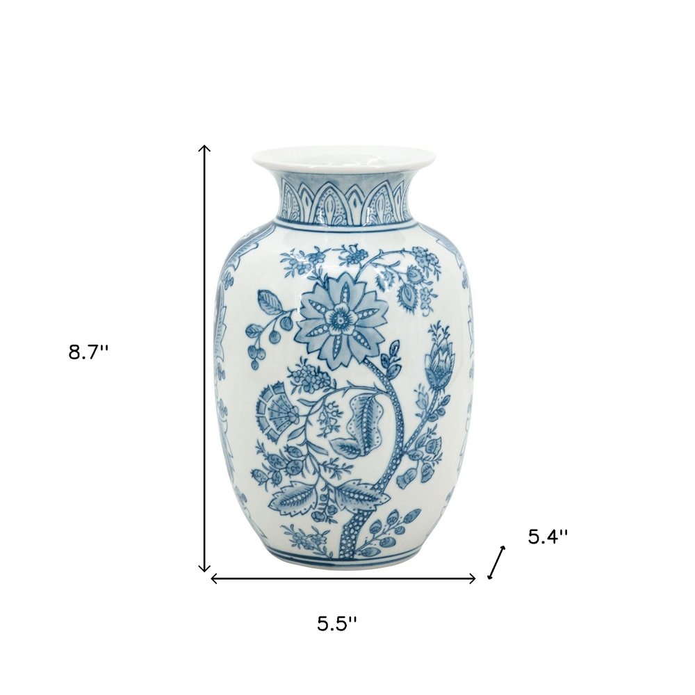 9" Light Blue And White Floral Round Porcelain Jar