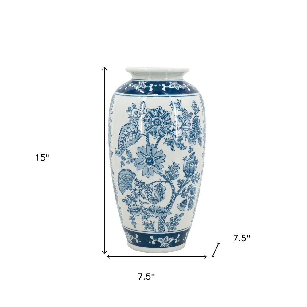 15" Light Blue And White Floral Porcelain Urn Vase