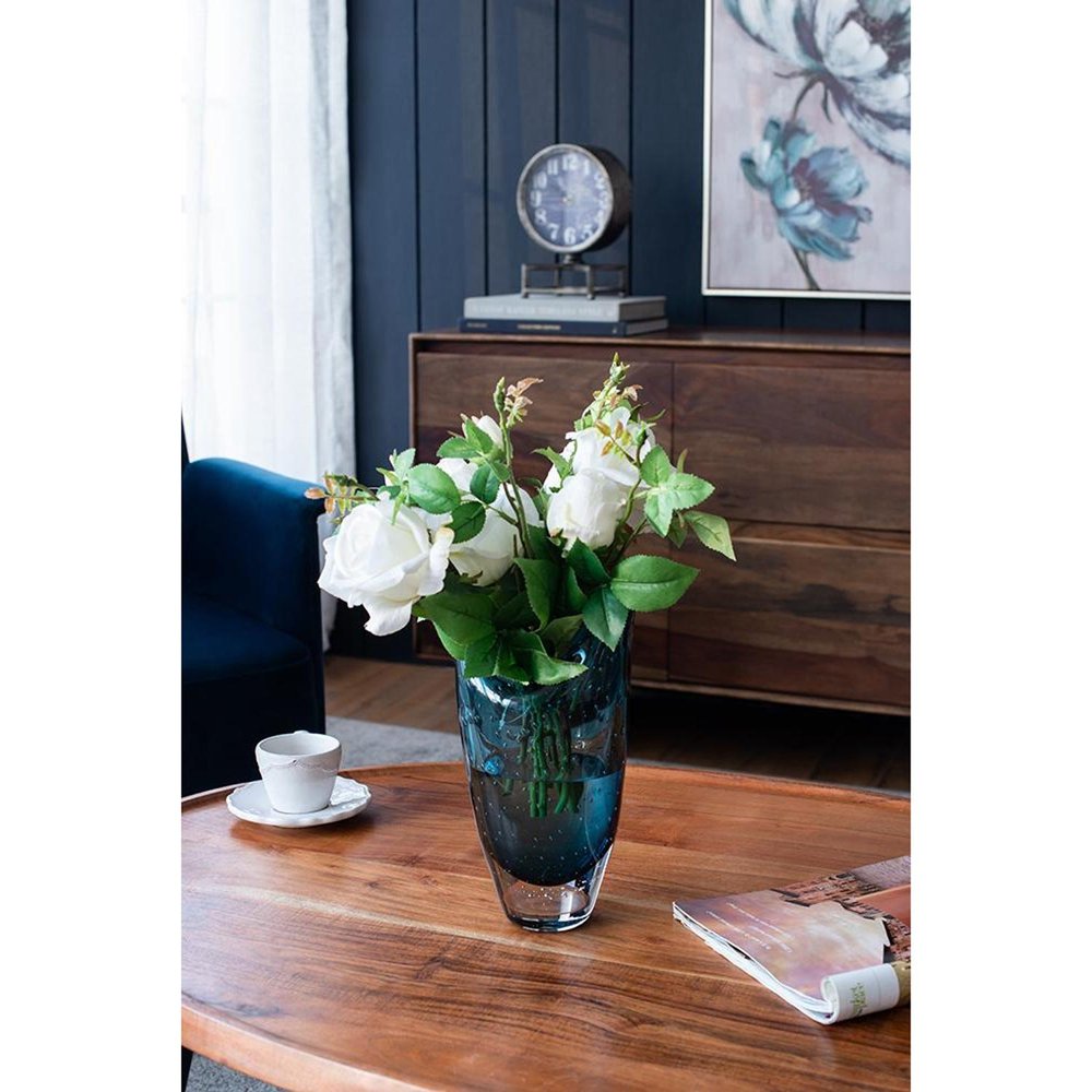 10" Cerulean And Clear Bubble Glass Oval Table Vase