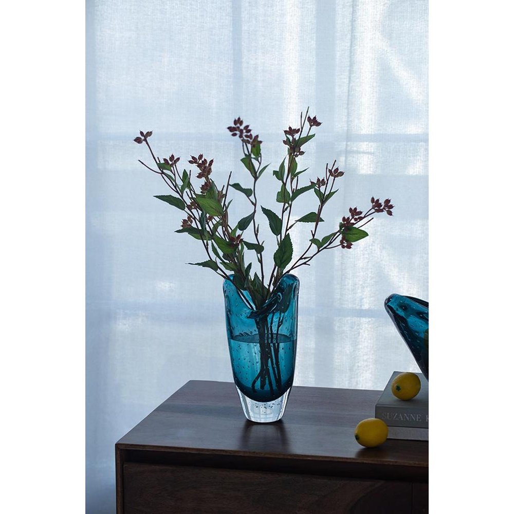 10" Cerulean And Clear Bubble Glass Oval Table Vase