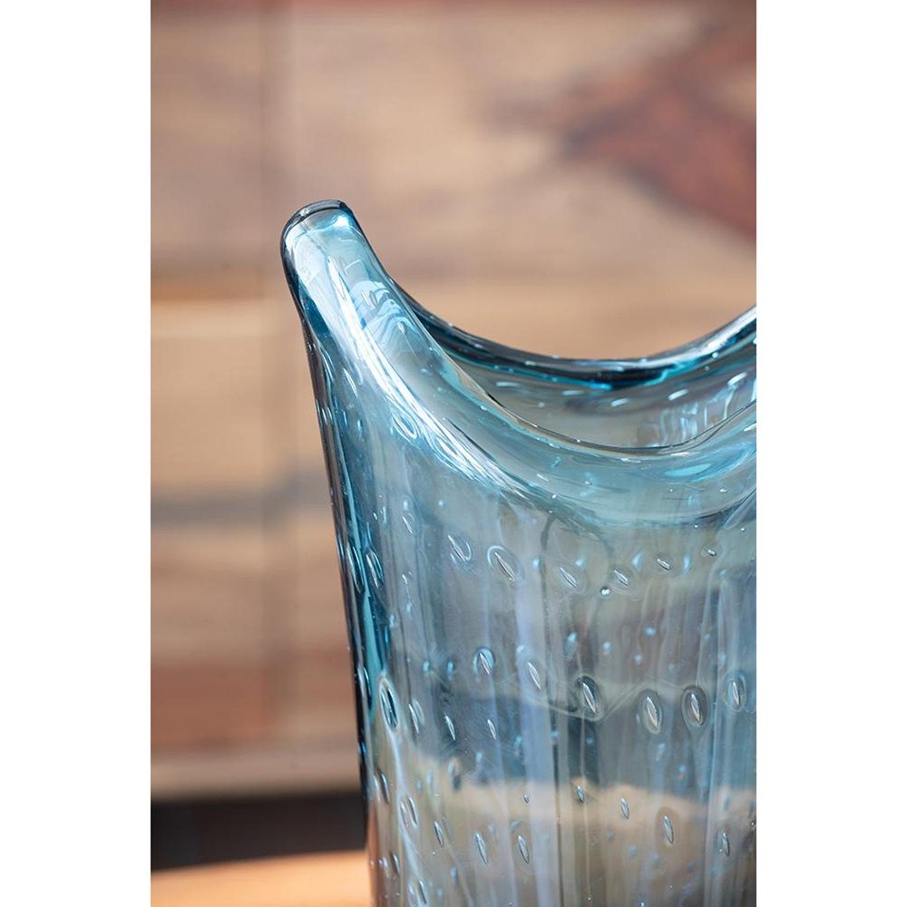 10" Cerulean And Clear Bubble Glass Oval Table Vase