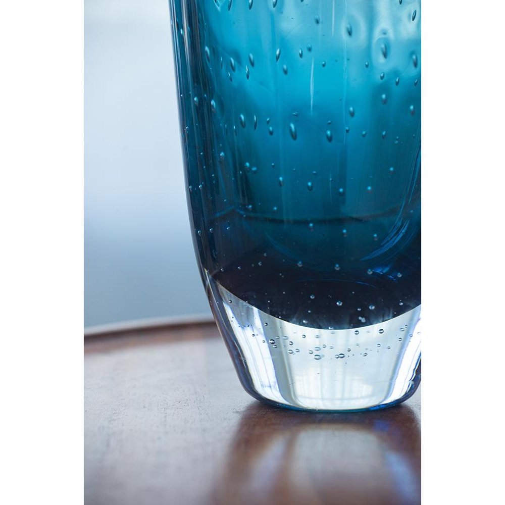 10" Cerulean And Clear Bubble Glass Oval Table Vase