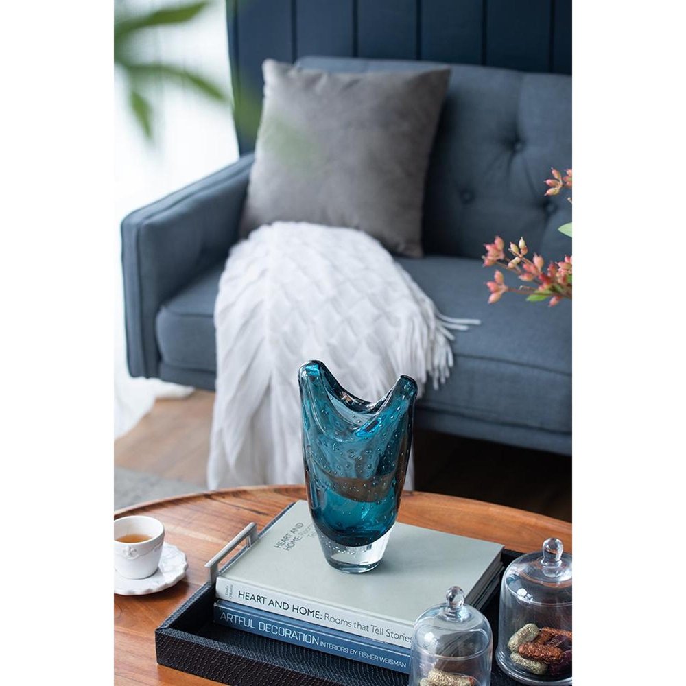 10" Cerulean And Clear Bubble Glass Oval Table Vase