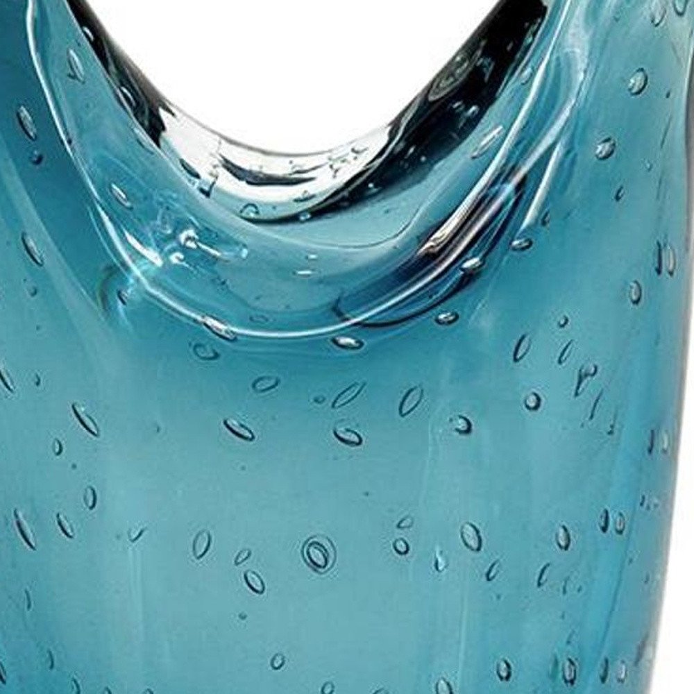 10" Cerulean And Clear Bubble Glass Oval Table Vase