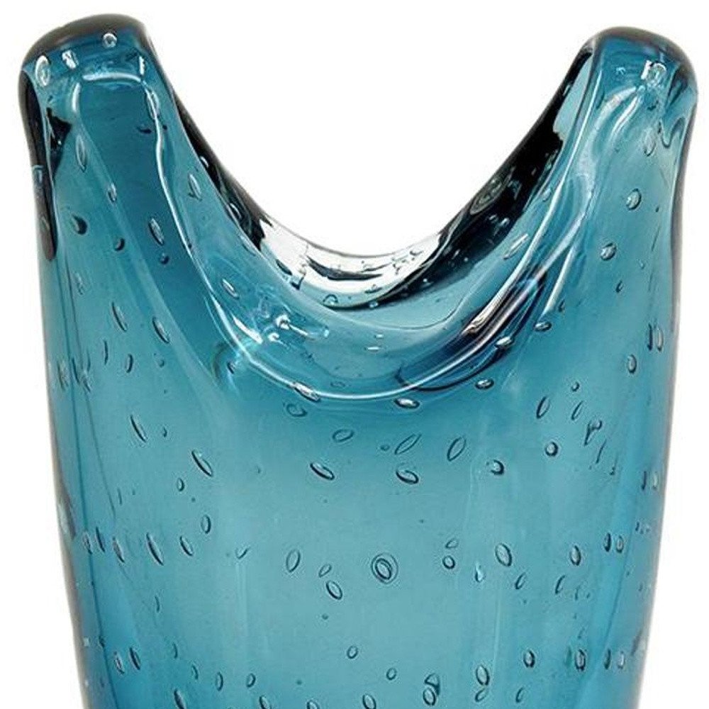 10" Cerulean And Clear Bubble Glass Oval Table Vase