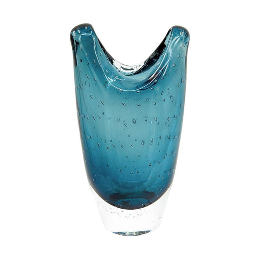 10" Cerulean And Clear Bubble Glass Oval Table Vase