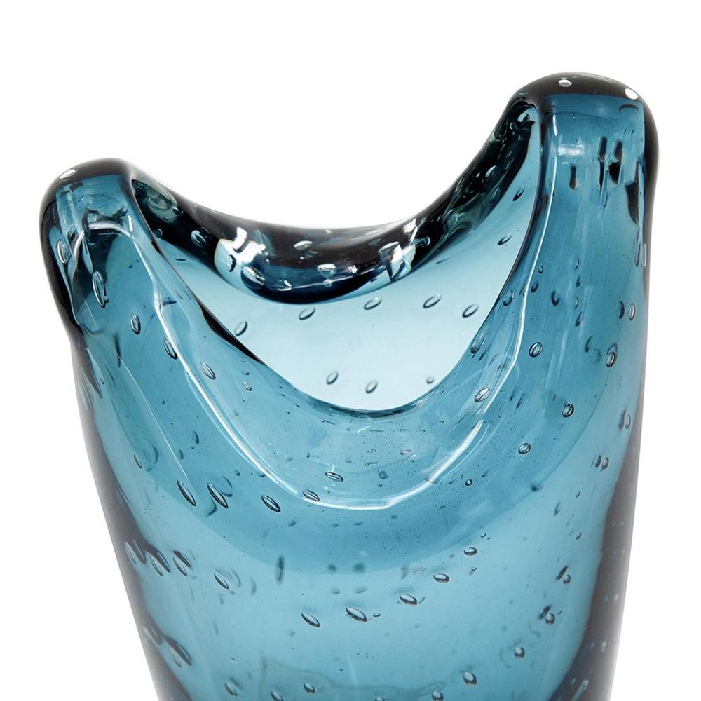 10" Cerulean And Clear Bubble Glass Oval Table Vase