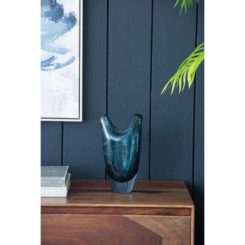 10" Cerulean And Clear Bubble Glass Oval Table Vase