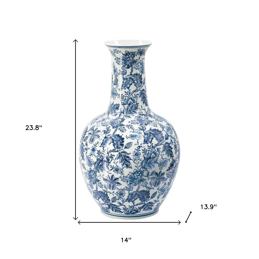 24" Blue And White Floral Curved Porcelain Table Vase