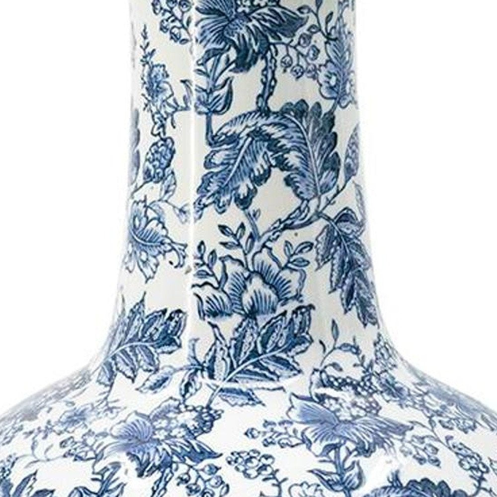 24" Blue And White Floral Curved Porcelain Table Vase