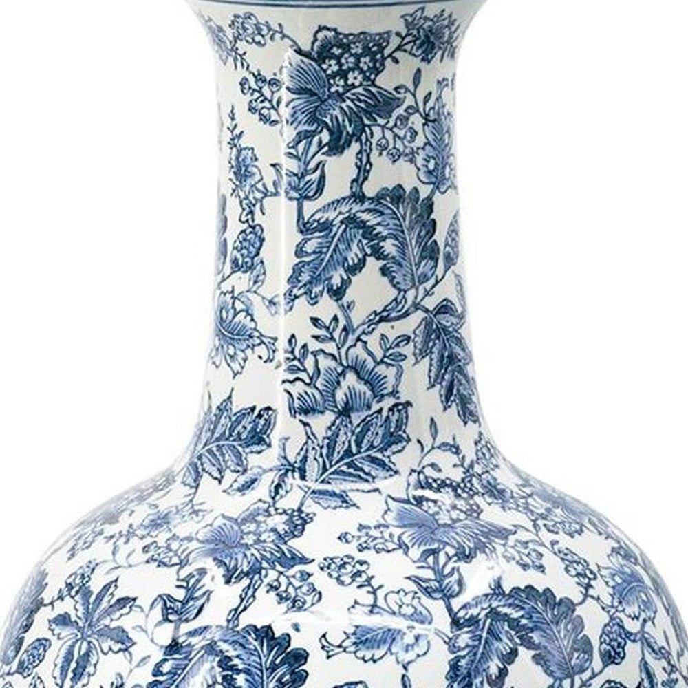 24" Blue And White Floral Curved Porcelain Table Vase
