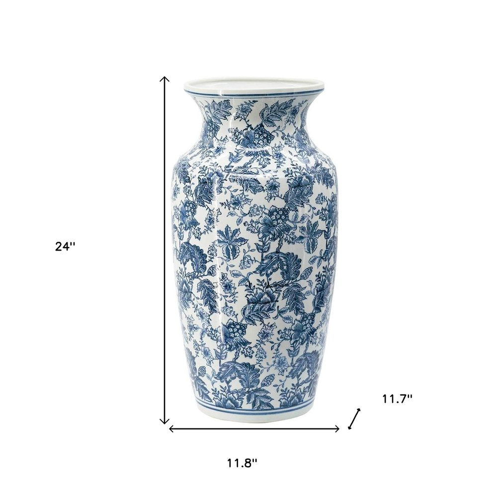24" Blue And White Chinoiserie Porcelain Urn Table Vase