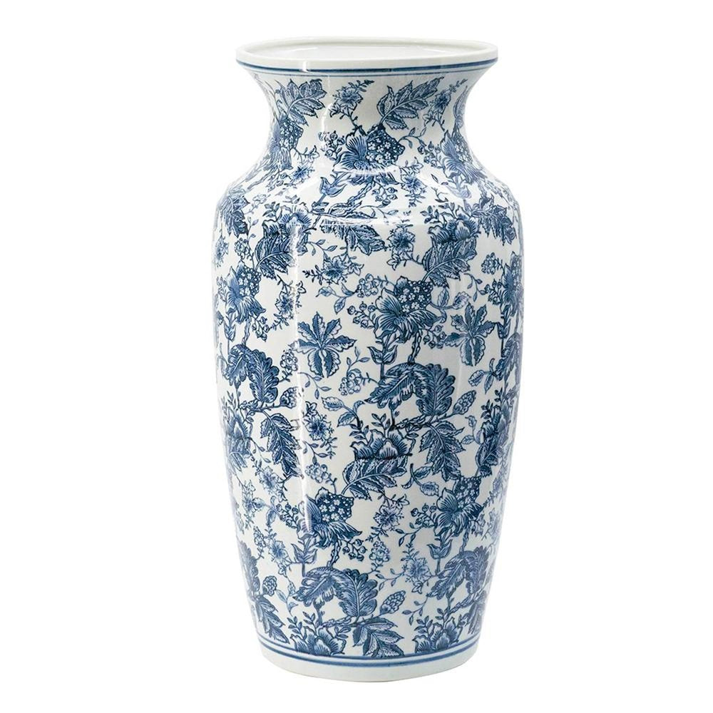 24" Blue And White Chinoiserie Porcelain Urn Table Vase