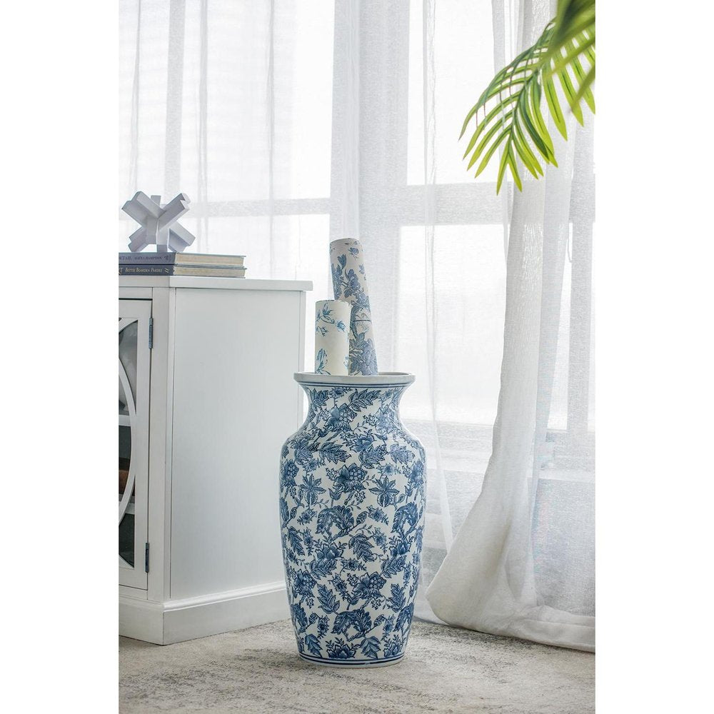 24" Blue And White Chinoiserie Porcelain Urn Table Vase