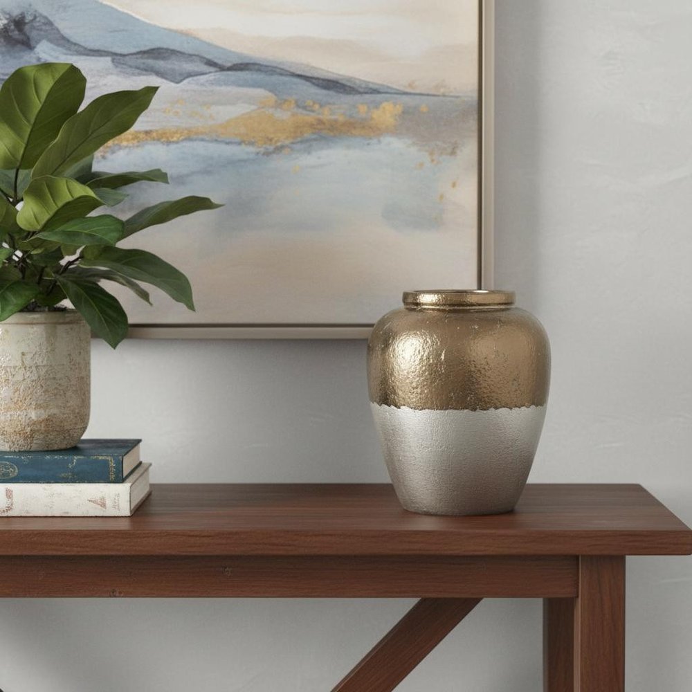 16" Beige and Bronze Terracotta Round Jug Vase