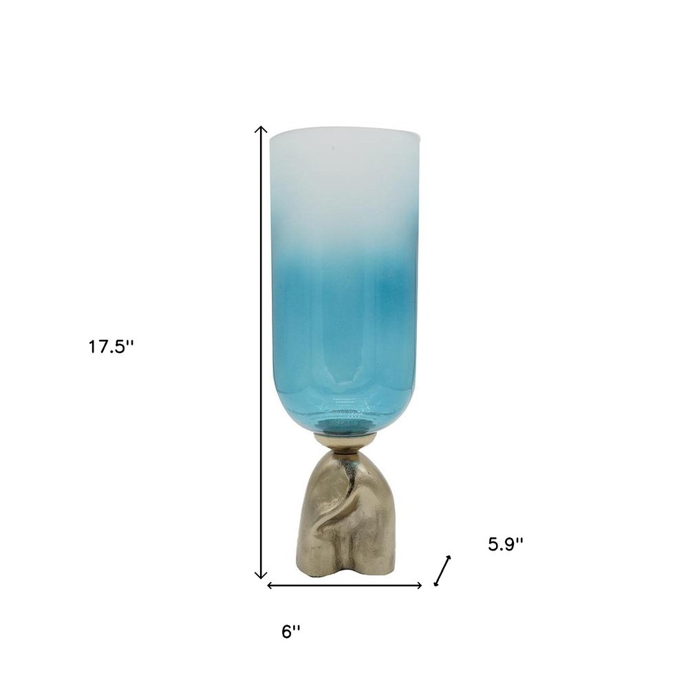 18" Blue White And Gold Ombre Glass And Aluminum Pedestal Table Vase