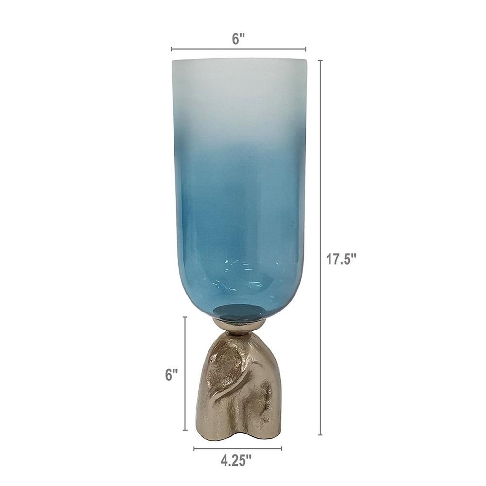 18" Blue White And Gold Ombre Glass And Aluminum Pedestal Table Vase