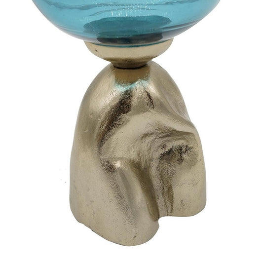 18" Blue White And Gold Ombre Glass And Aluminum Pedestal Table Vase