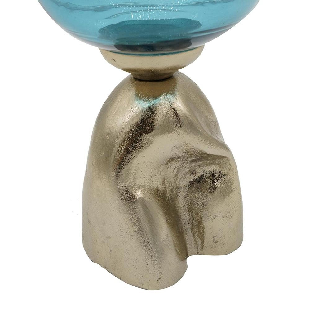 18" Blue White And Gold Ombre Glass And Aluminum Pedestal Table Vase