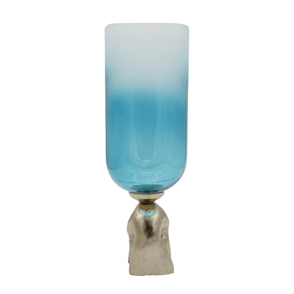 18" Blue White And Gold Ombre Glass And Aluminum Pedestal Table Vase