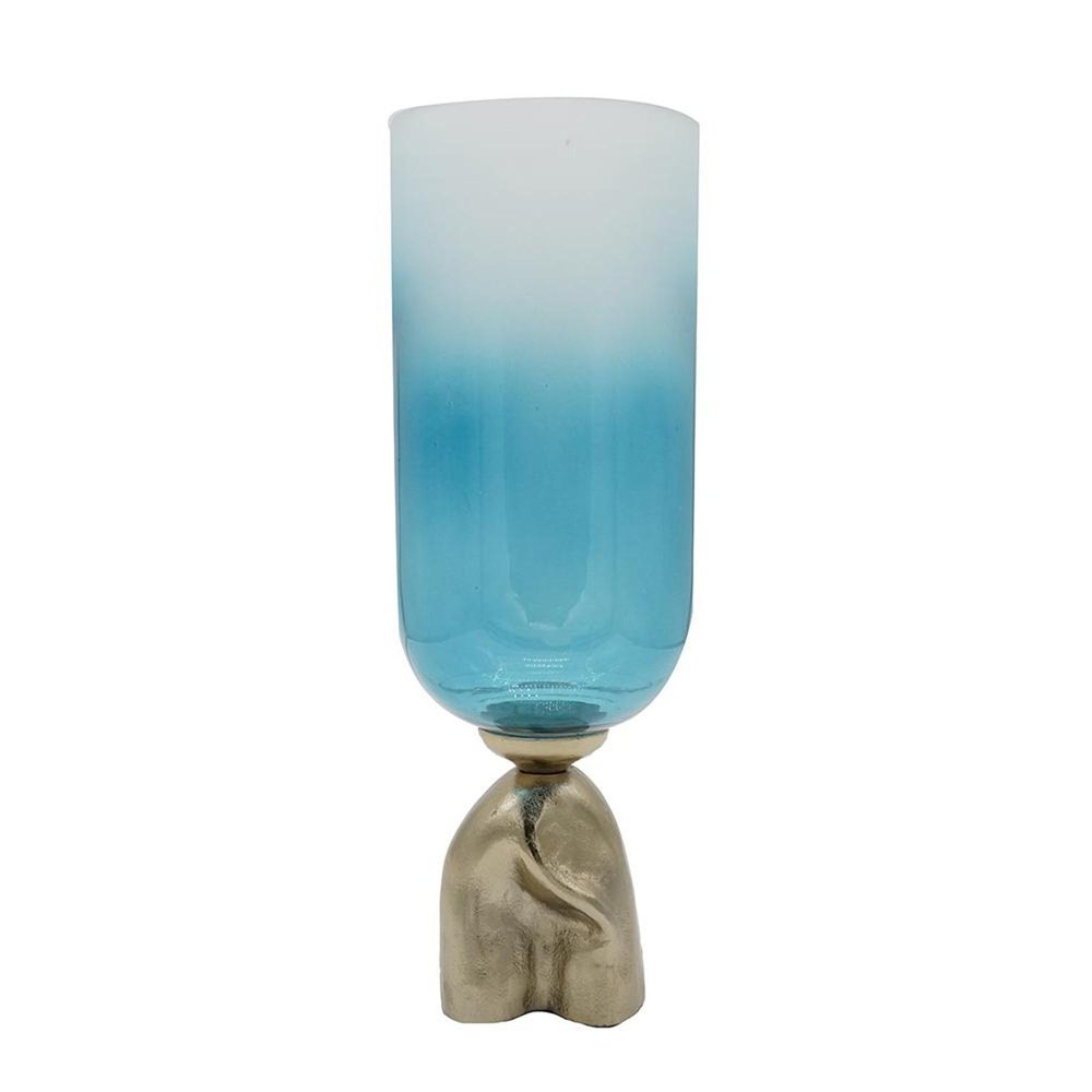 18" Blue White And Gold Ombre Glass And Aluminum Pedestal Table Vase