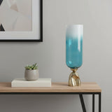 21" Blue White And Gold Ombre Glass And Aluminum Pedestal Table Vase
