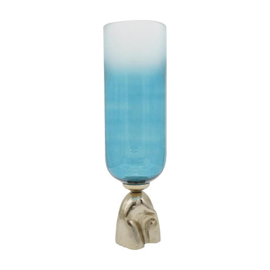 21" Blue White And Gold Ombre Glass And Aluminum Pedestal Table Vase