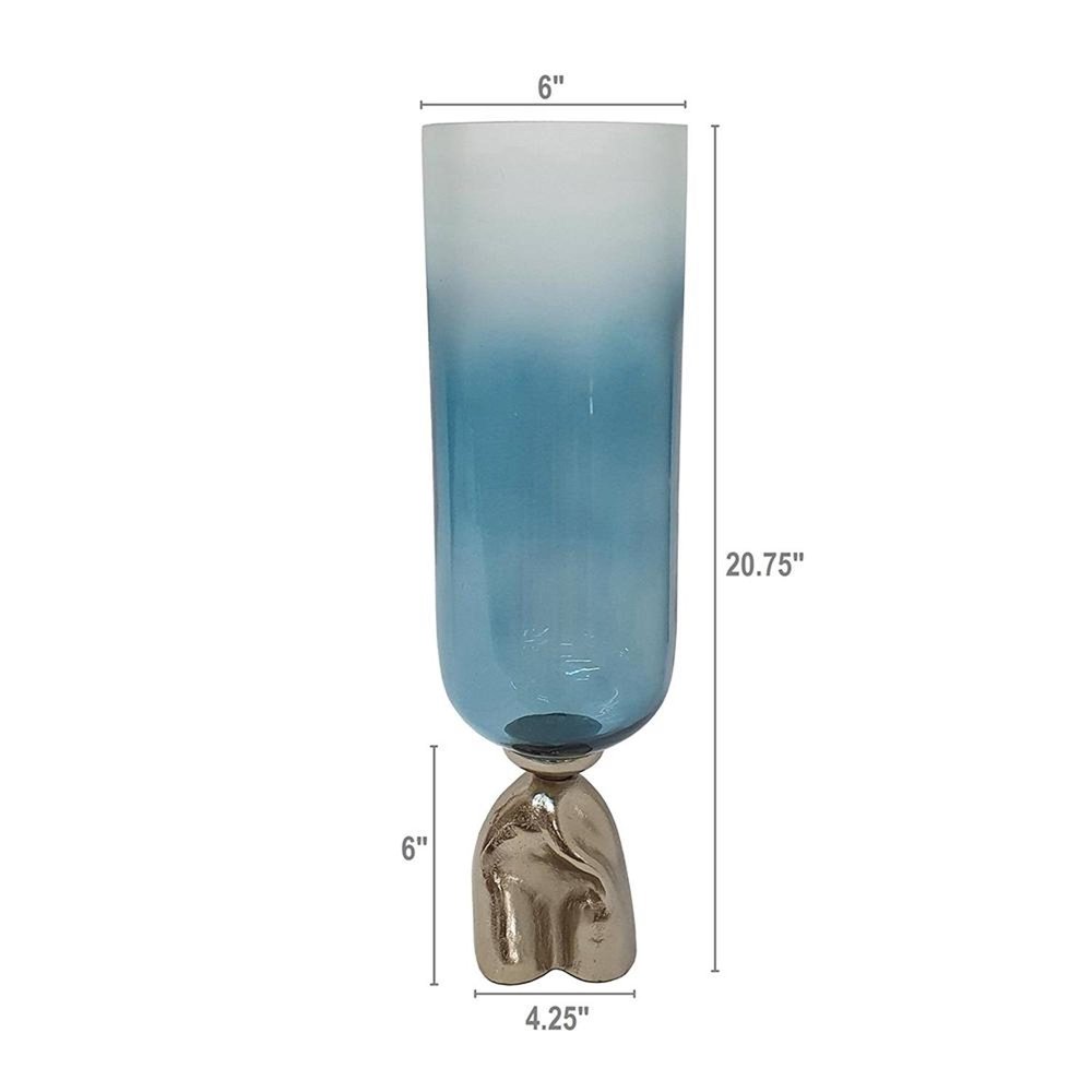 21" Blue White And Gold Ombre Glass And Aluminum Pedestal Table Vase