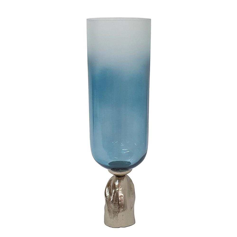 21" Blue White And Gold Ombre Glass And Aluminum Pedestal Table Vase