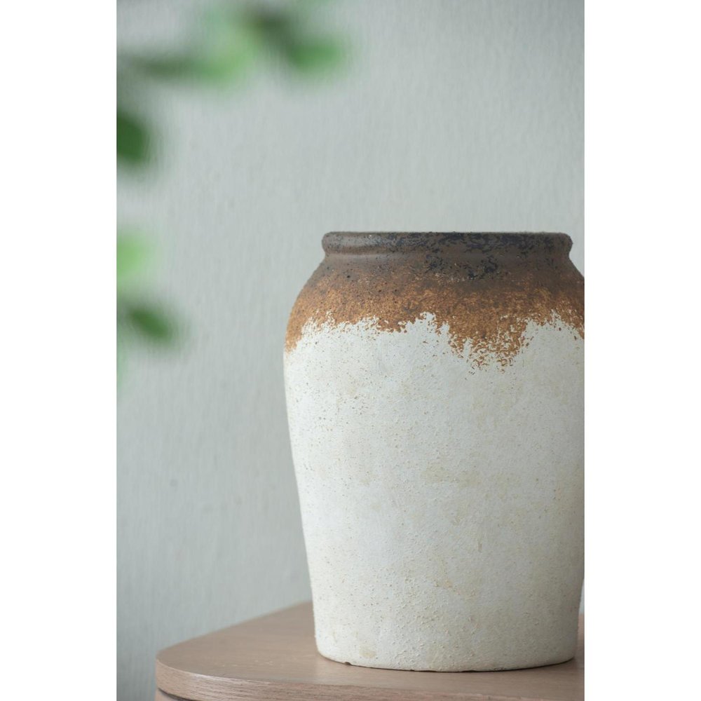 10" Ivory and Brown Ceramic Round Jug Vase