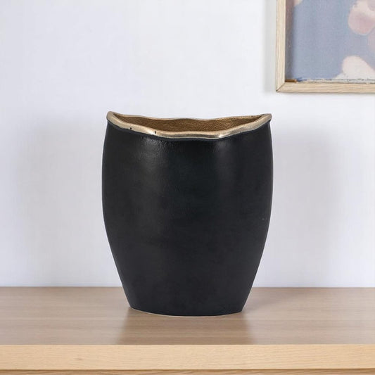 10" Black And Gold Cast Aluminum Oval Table Vase