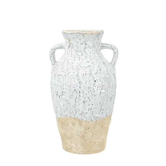 14" Beige And Ivory Color Block Amphora Terracotta Table Vase