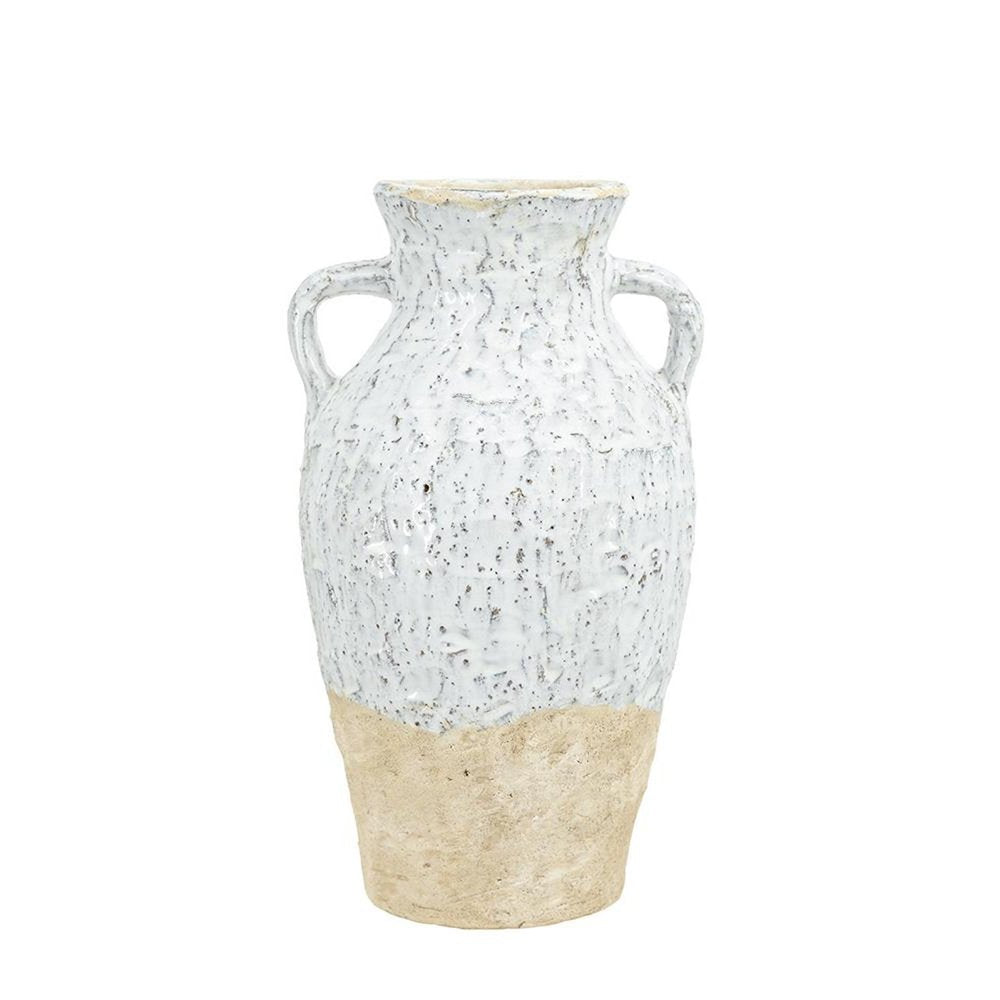 14" Beige And Ivory Color Block Amphora Terracotta Table Vase