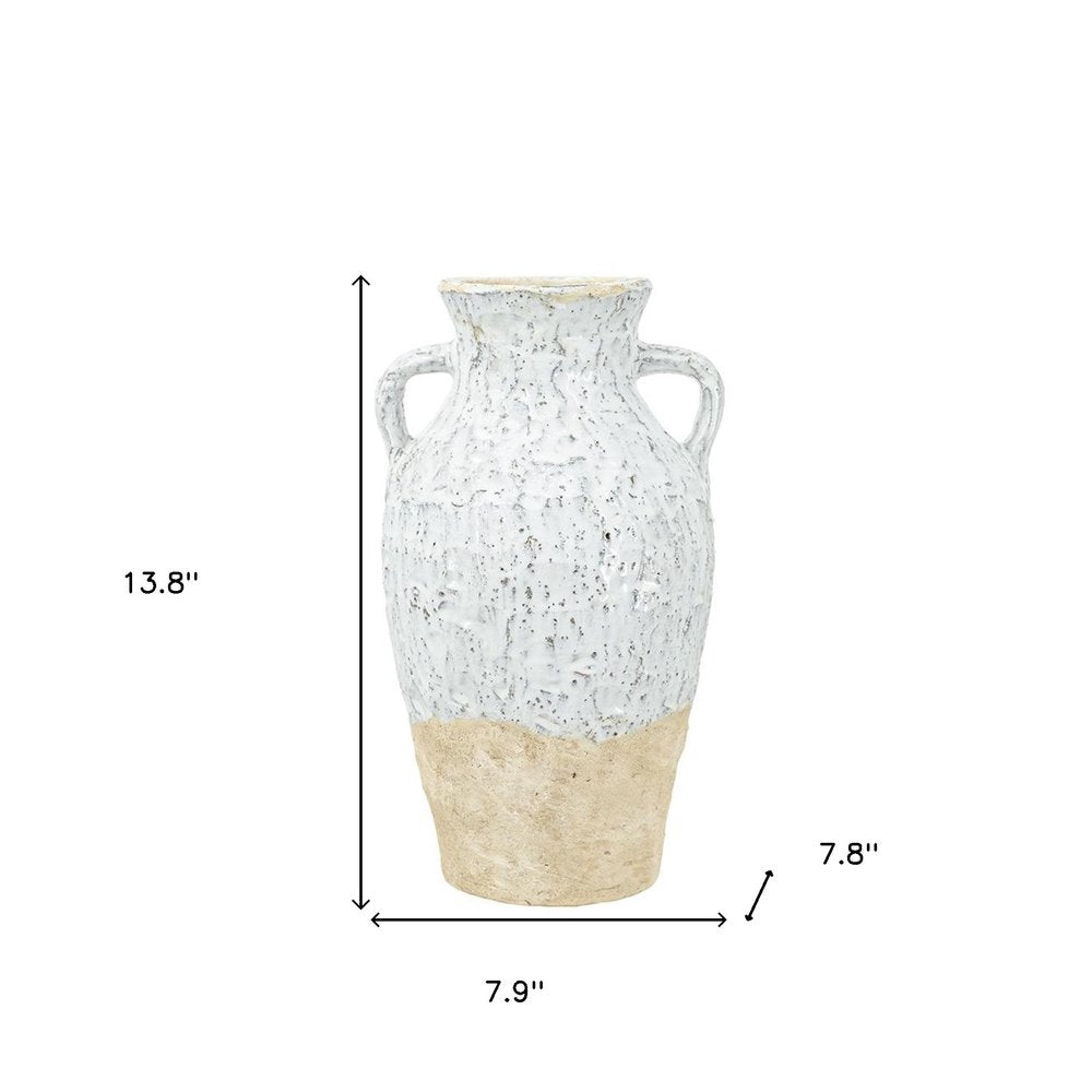 14" Beige And Ivory Color Block Amphora Terracotta Table Vase