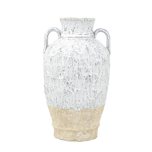 16" Beige And Ivory Amphora Terracotta Urn
