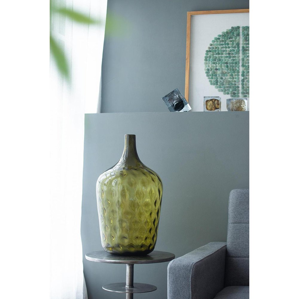 21" Olive Green Hammered Glass Table Vase