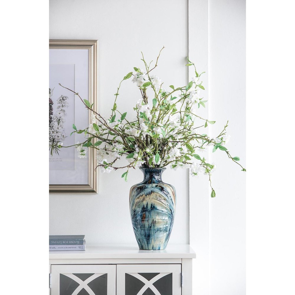 16" Ivory and Blue Ceramic Abstract Round Table Vase